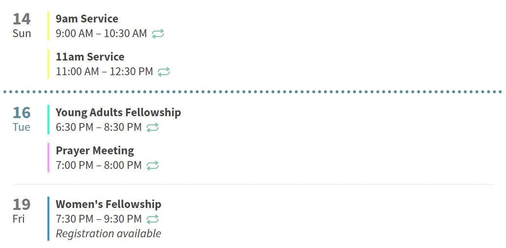 Screenshot showing a list of upcoming events, with today's date highlighted and a dotted line denoting when events are past.