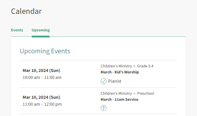 Screenshot of Upcoming tab in Calendar