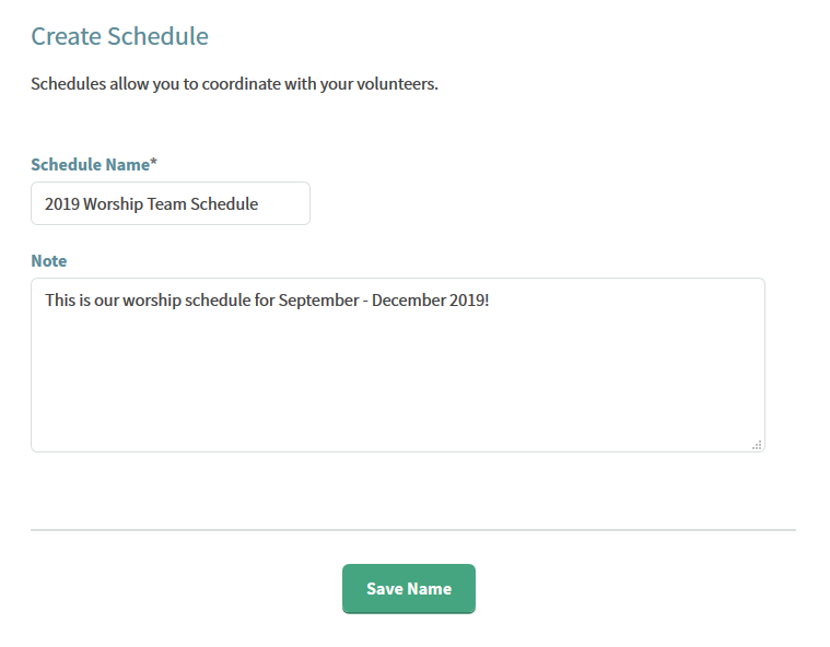Schedule creation name and notes step.