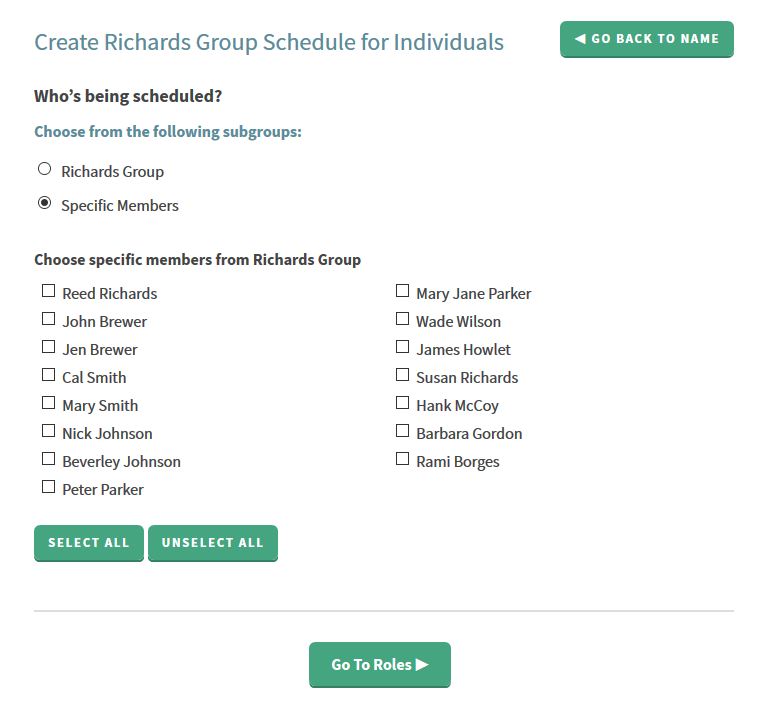 Schedule creation volunteer selection step.