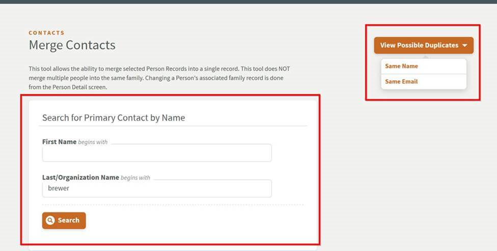 Search by name or view possible duplicates.