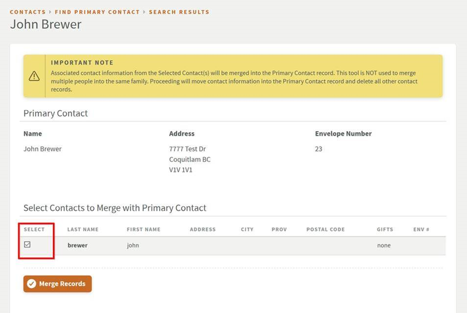 Secondary contact selected with checkbox.