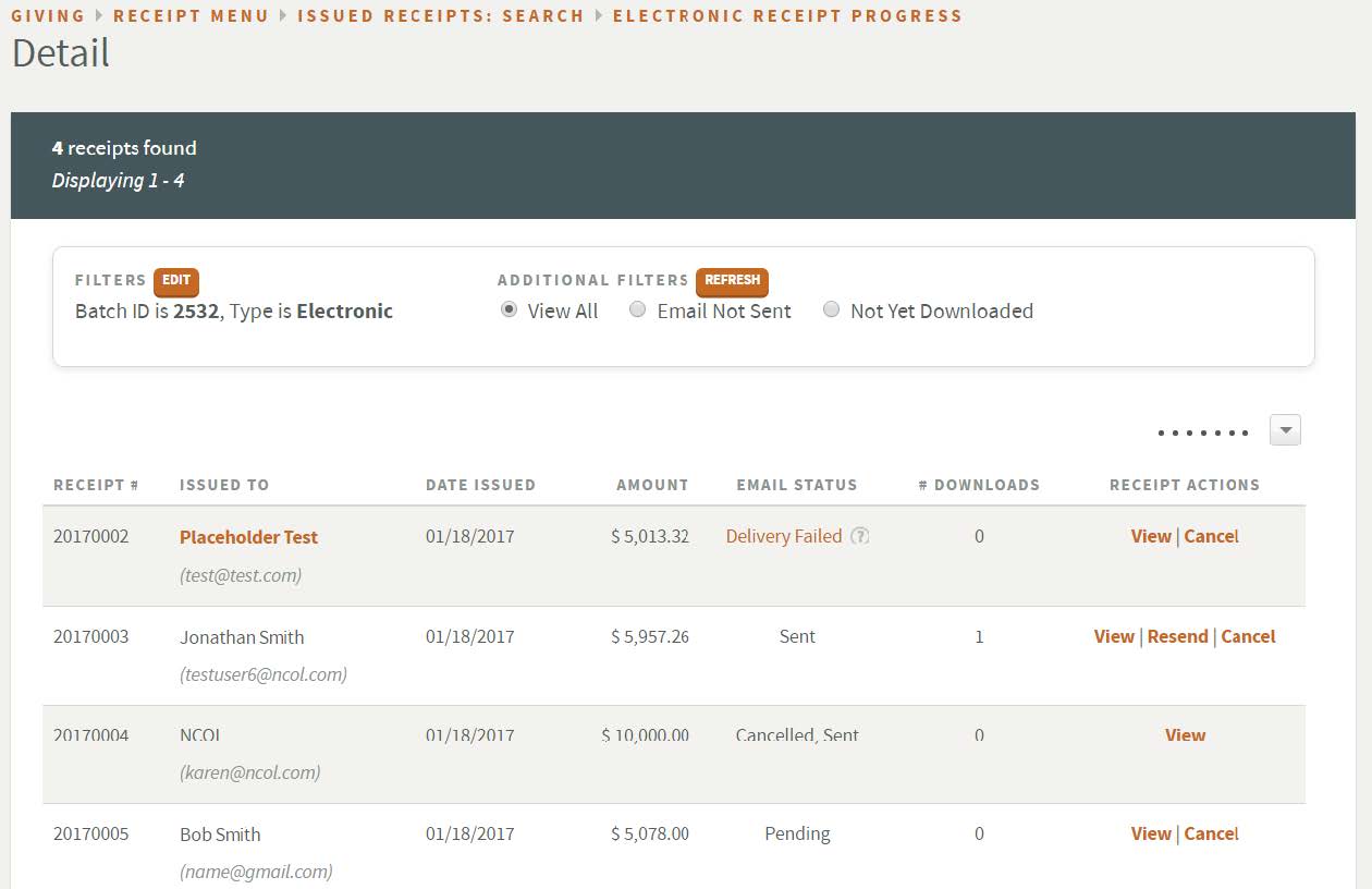 An example e-receipt progress detail page.
