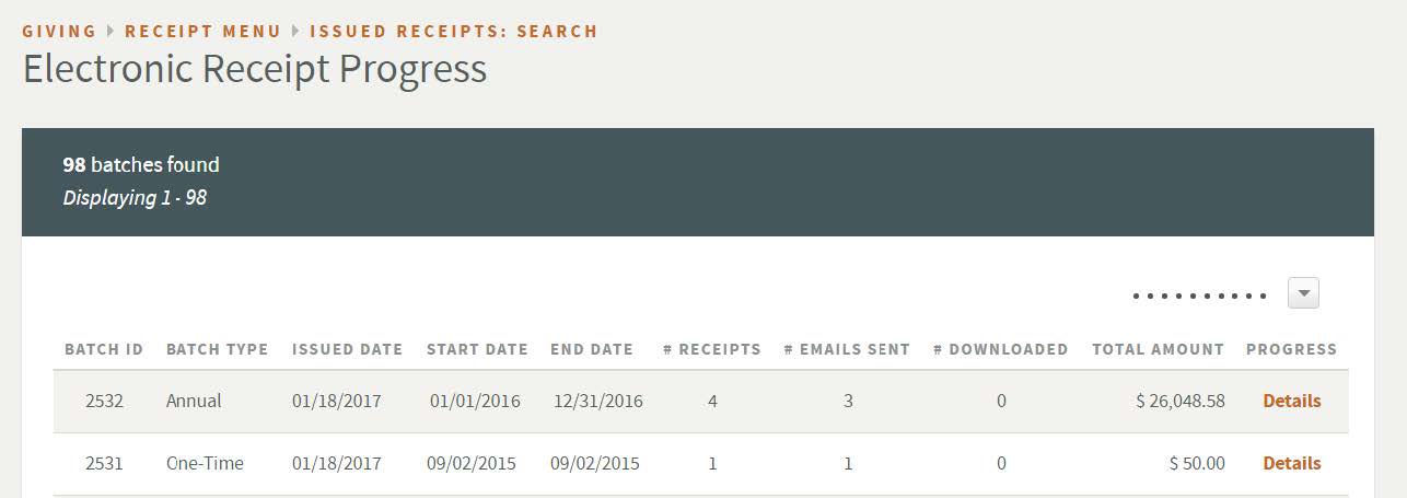 E-Receipt progress page showing generated batches and general information.