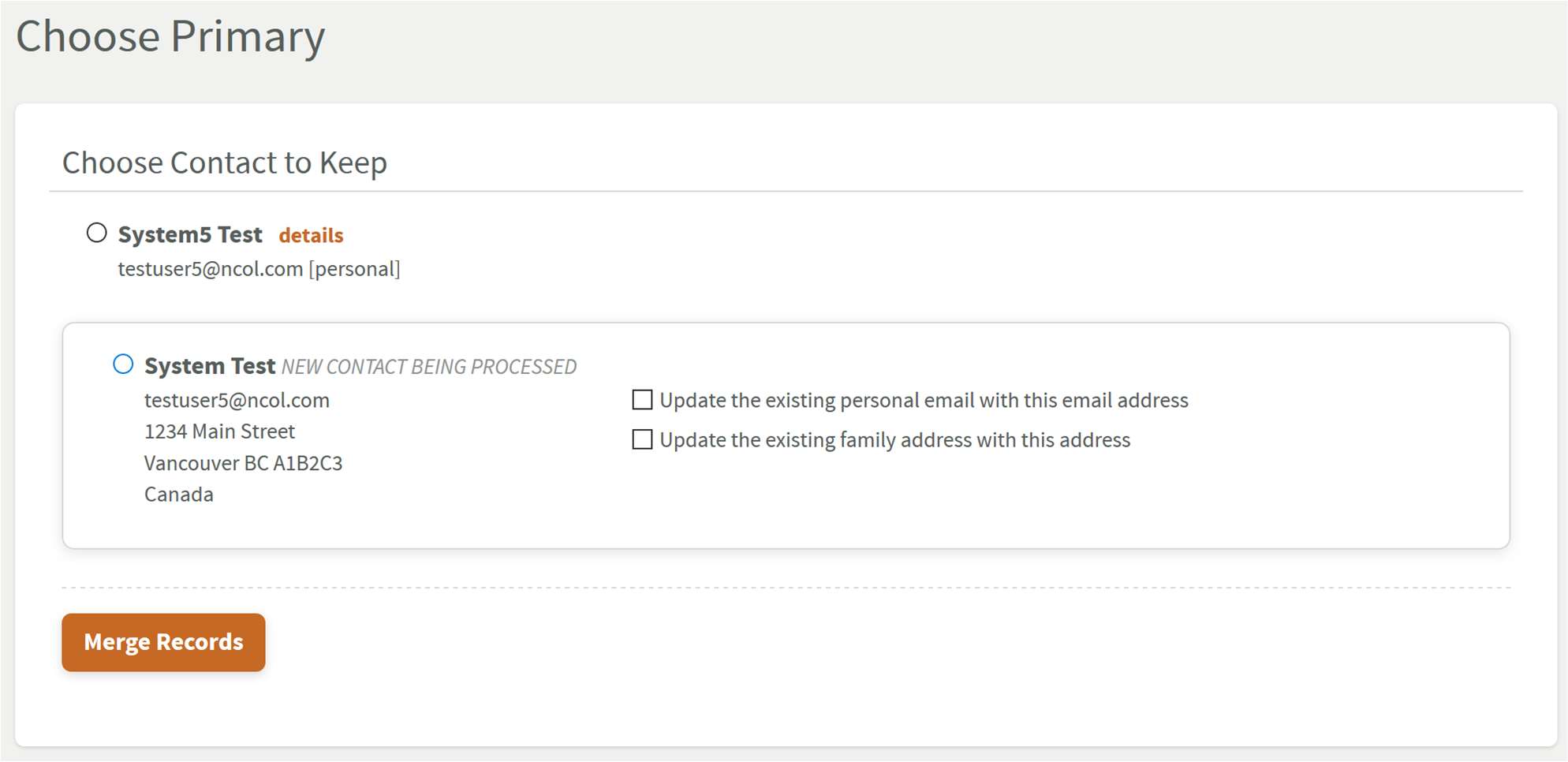 Choose the Primary Contact to keep