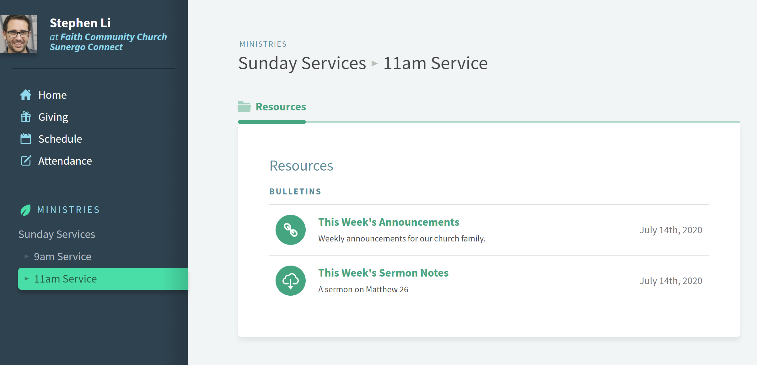 A list of available resources for the 11am Service.
